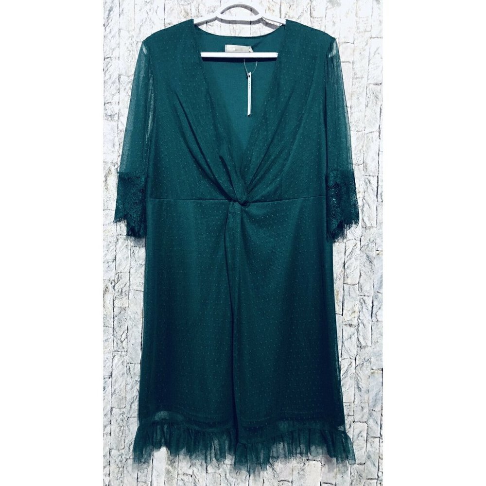 Asos Curve Dot Mesh Lace Twist Top Dress Ruffle Hem Green Holiday Womens Size 12